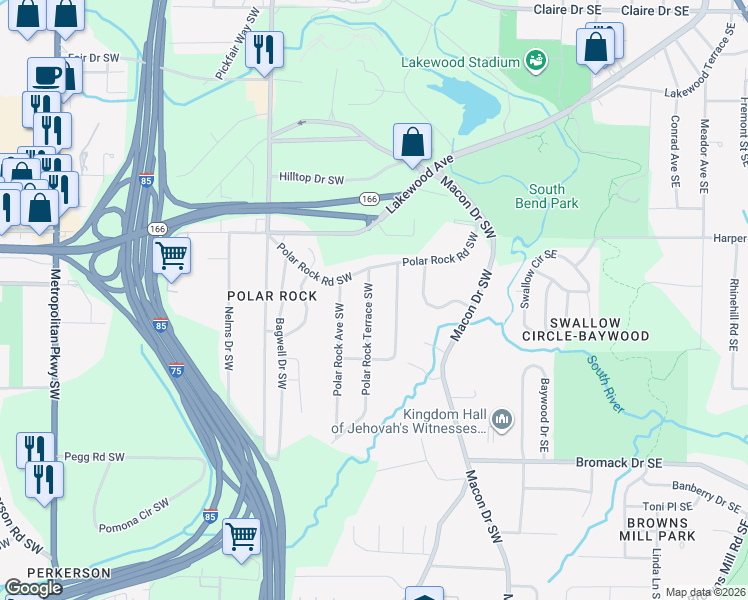 map of restaurants, bars, coffee shops, grocery stores, and more near 2186 Polar Rock Terrace Southwest in Atlanta