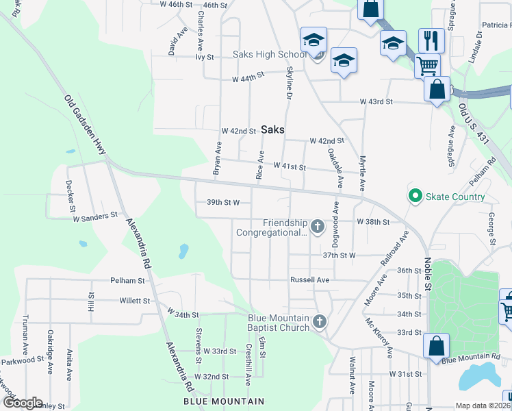 map of restaurants, bars, coffee shops, grocery stores, and more near 3809 Rice Avenue in Anniston