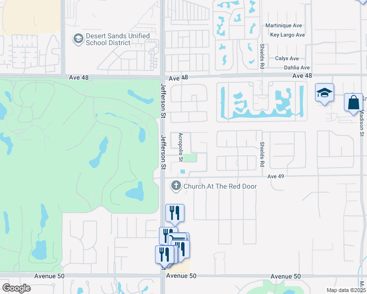 map of restaurants, bars, coffee shops, grocery stores, and more near 48674 Acropolis Street in Indio