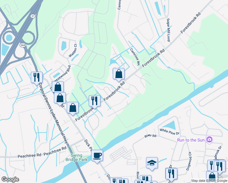 map of restaurants, bars, coffee shops, grocery stores, and more near 3600 Forestbrook Road in Myrtle Beach