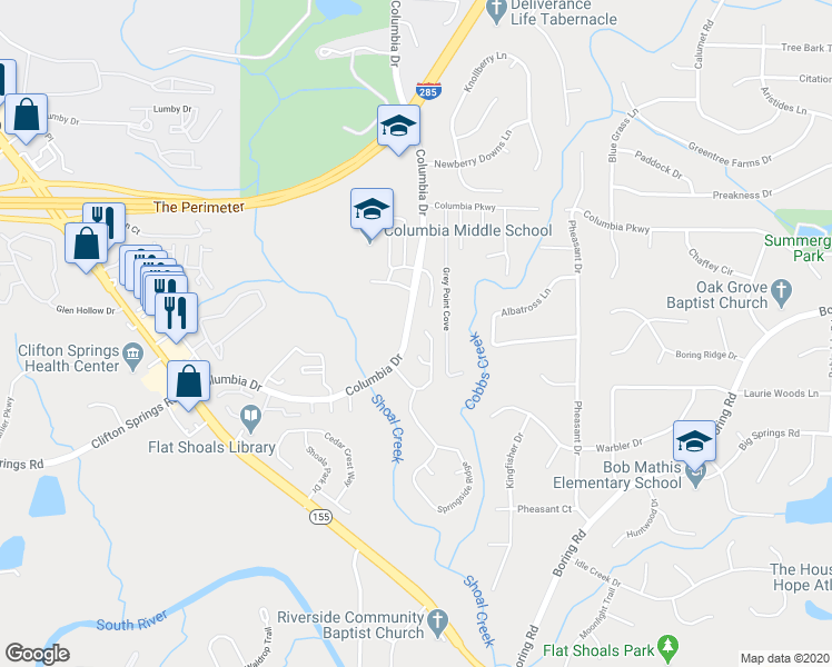 map of restaurants, bars, coffee shops, grocery stores, and more near 3071 Springside Crossing in Decatur