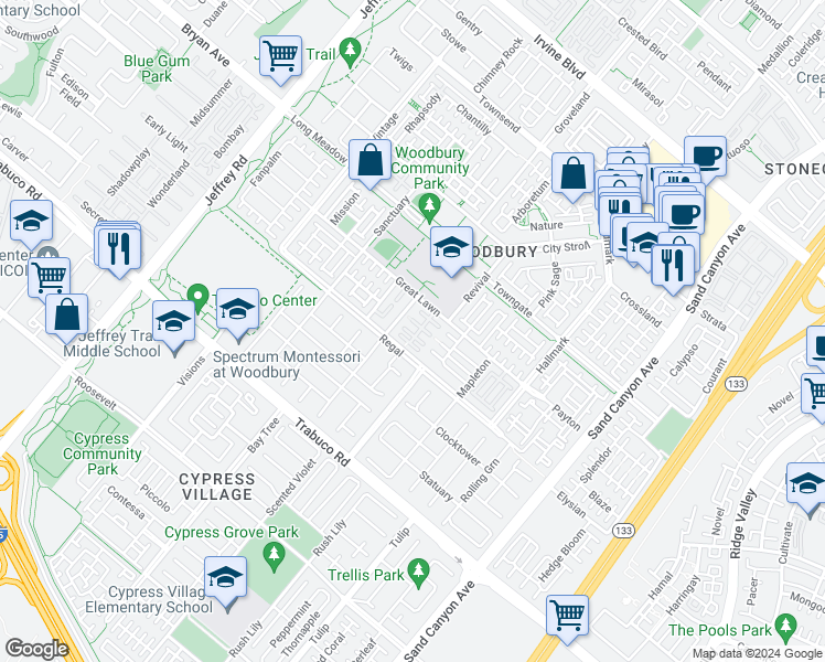 map of restaurants, bars, coffee shops, grocery stores, and more near 37 Donovan in Irvine