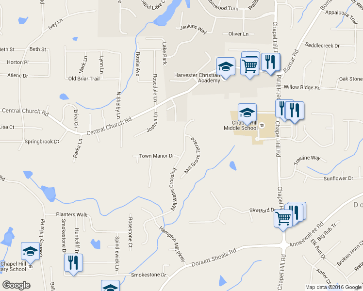 map of restaurants, bars, coffee shops, grocery stores, and more near 4424 Mill Water Crossing in Douglasville