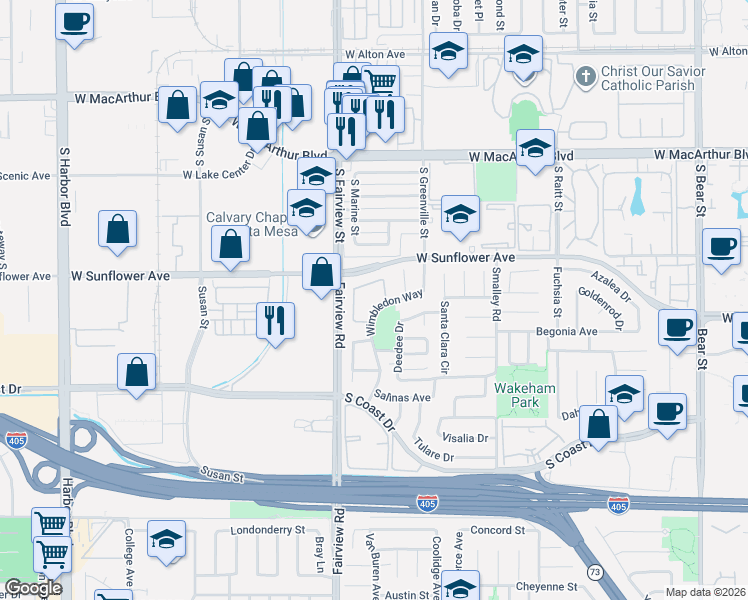 map of restaurants, bars, coffee shops, grocery stores, and more near 3441 Wimbledon Way in Costa Mesa