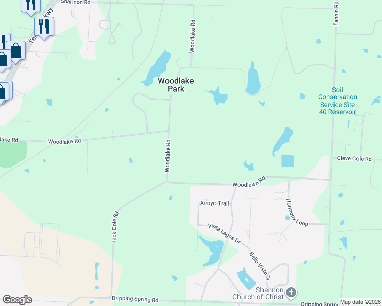 map of restaurants, bars, coffee shops, grocery stores, and more near 4046 Woodlawn Road in Denison