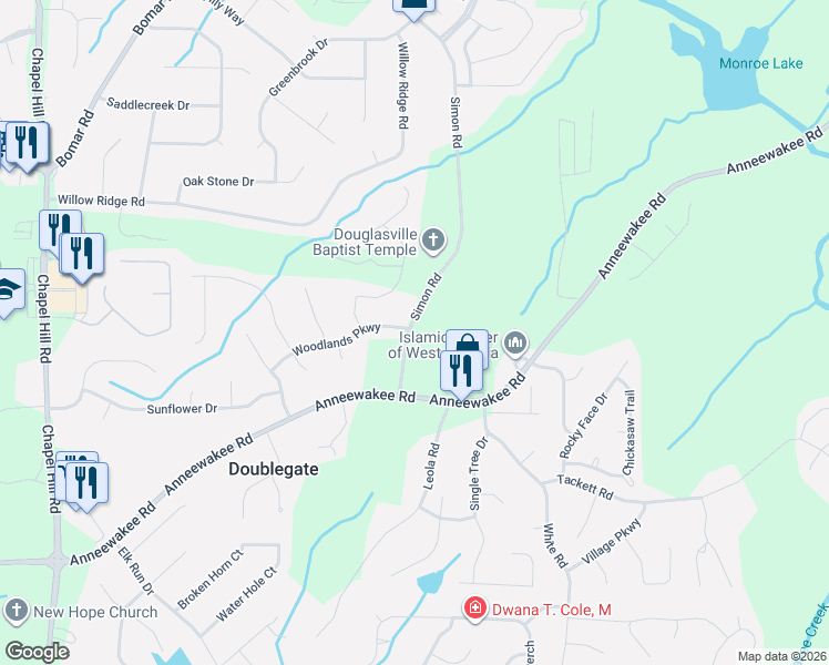 map of restaurants, bars, coffee shops, grocery stores, and more near 4092 Simon Road in Douglasville