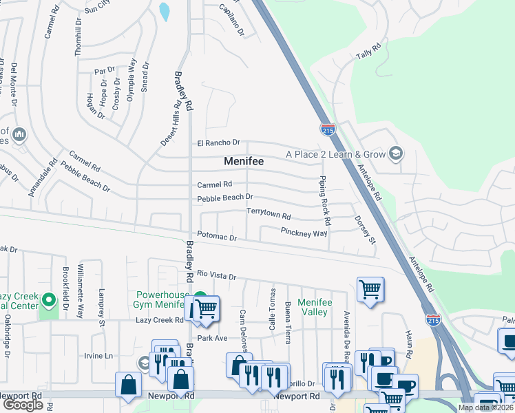 map of restaurants, bars, coffee shops, grocery stores, and more near 27215 Terrytown Road in Menifee