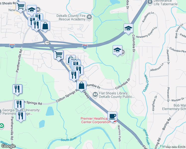 map of restaurants, bars, coffee shops, grocery stores, and more near 2910 Vining Ridge Terrace in Decatur