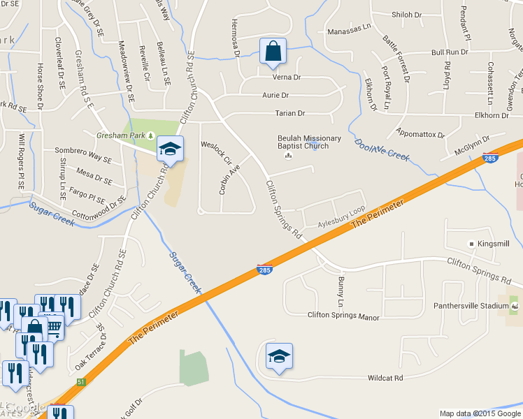 map of restaurants, bars, coffee shops, grocery stores, and more near 3199 Weslock Circle in Decatur