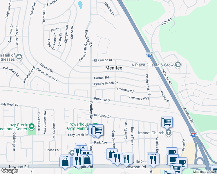 map of restaurants, bars, coffee shops, grocery stores, and more near 27138 Terrytown Road in Menifee