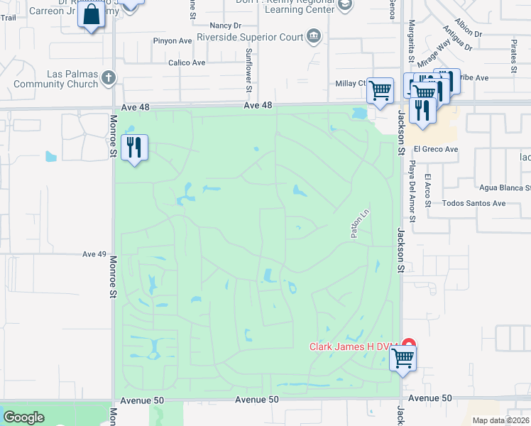 map of restaurants, bars, coffee shops, grocery stores, and more near 82539 Alda Drive in Indio