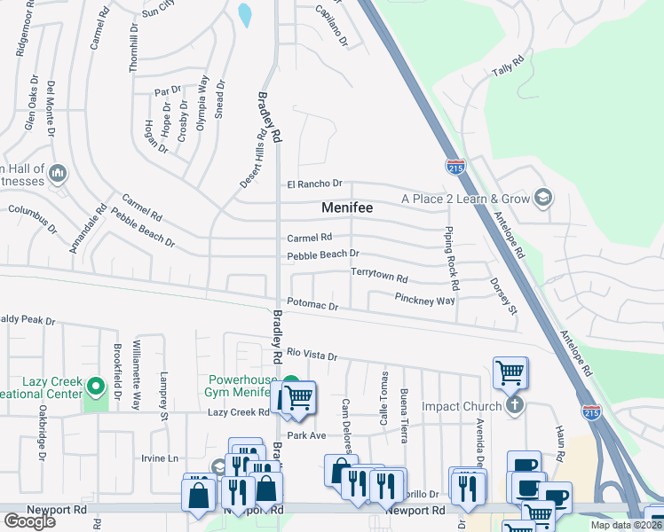 map of restaurants, bars, coffee shops, grocery stores, and more near 27138 Terrytown Road in Menifee