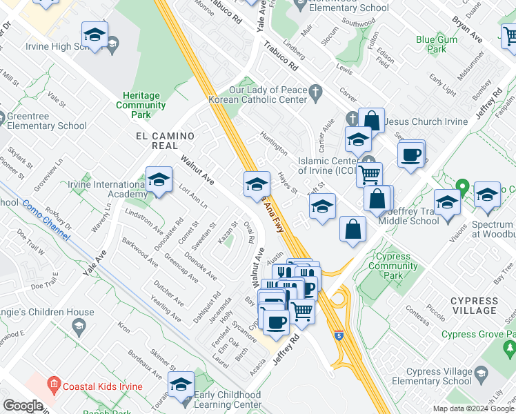 map of restaurants, bars, coffee shops, grocery stores, and more near 5101 Walnut Avenue in Irvine