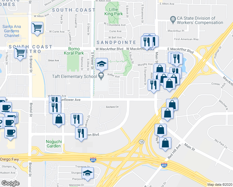 map of restaurants, bars, coffee shops, grocery stores, and more near 3921 South Ross Street in Santa Ana