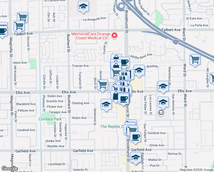 map of restaurants, bars, coffee shops, grocery stores, and more near 9835 Ellis Avenue in Fountain Valley