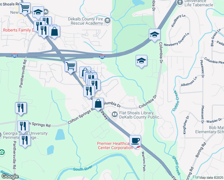 map of restaurants, bars, coffee shops, grocery stores, and more near 2920 Vining Ridge Terrace in Decatur