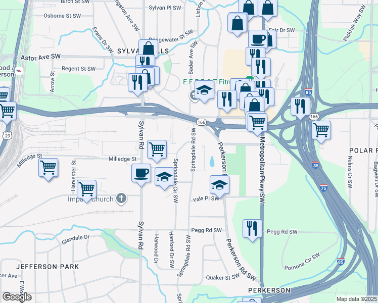 map of restaurants, bars, coffee shops, grocery stores, and more near 2195 Springdale Road Southwest in Atlanta
