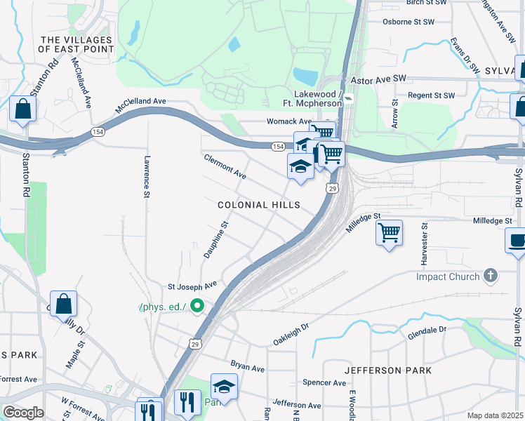 map of restaurants, bars, coffee shops, grocery stores, and more near 1382 Elizabeth Lane in East Point