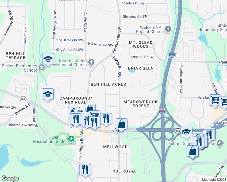 map of restaurants, bars, coffee shops, grocery stores, and more near 3625 Pine Knoll Avenue Southwest in Atlanta