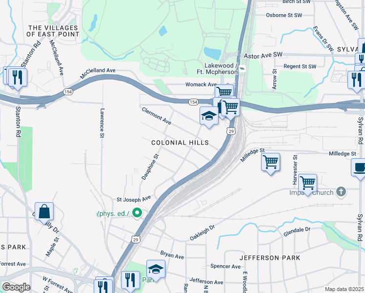 map of restaurants, bars, coffee shops, grocery stores, and more near 1382 Elizabeth Lane in East Point