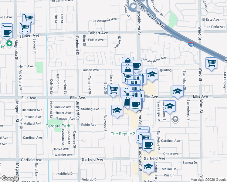 map of restaurants, bars, coffee shops, grocery stores, and more near 18473 Jacaranda Street in Fountain Valley