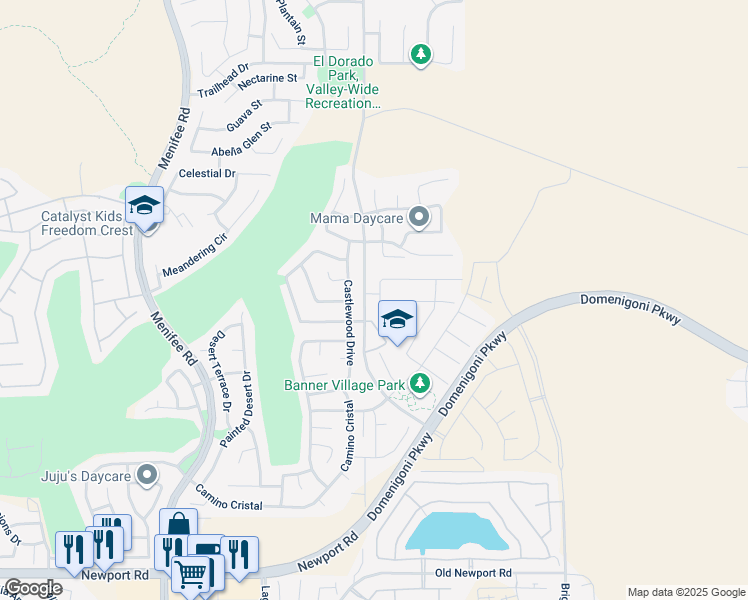 map of restaurants, bars, coffee shops, grocery stores, and more near 29301 Chestnut Street in Menifee