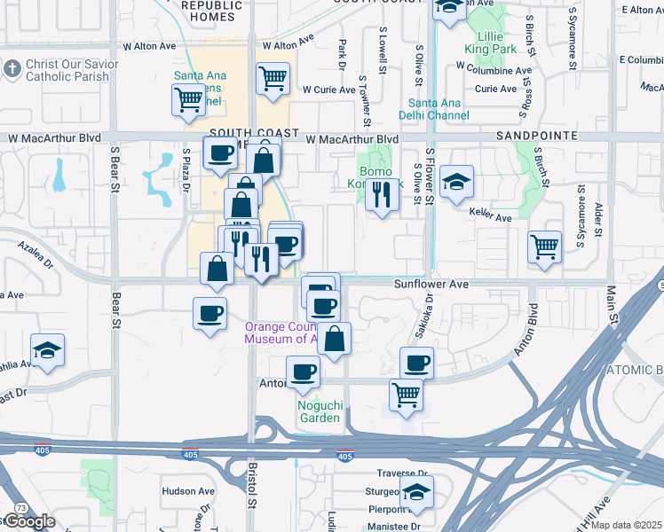 map of restaurants, bars, coffee shops, grocery stores, and more near 1001 West Stevens Avenue in Santa Ana