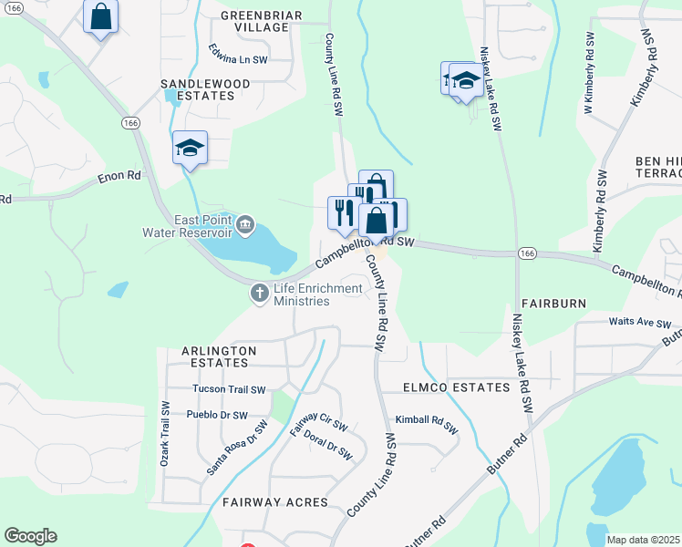 map of restaurants, bars, coffee shops, grocery stores, and more near 4278 Notting Hill Drive Southwest in Atlanta
