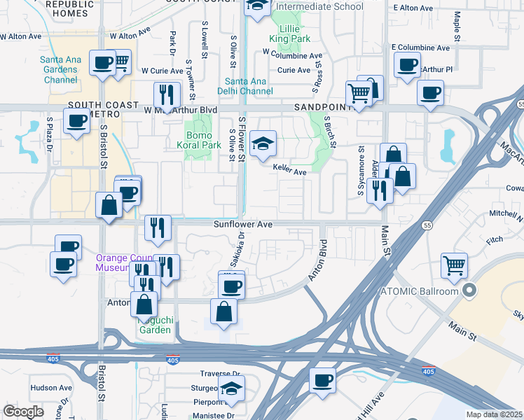 map of restaurants, bars, coffee shops, grocery stores, and more near 651 Sunflower Avenue in Santa Ana