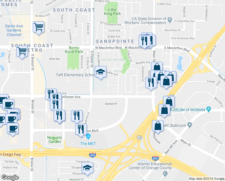 map of restaurants, bars, coffee shops, grocery stores, and more near 414 West Stevens Avenue in Santa Ana