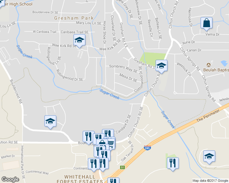 map of restaurants, bars, coffee shops, grocery stores, and more near Cottonwood Drive Southeast in Atlanta