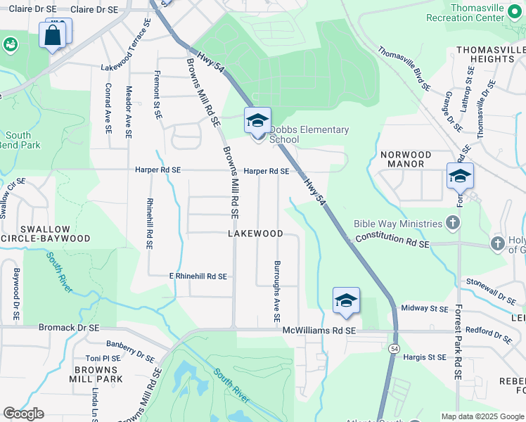map of restaurants, bars, coffee shops, grocery stores, and more near 2172 Jernigan Drive Southeast in Atlanta