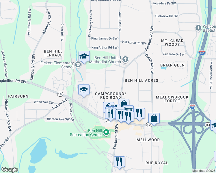 map of restaurants, bars, coffee shops, grocery stores, and more near 2182 Camp Ground Road Southwest in Atlanta