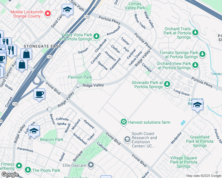 map of restaurants, bars, coffee shops, grocery stores, and more near 100 Ridge Valley in Irvine