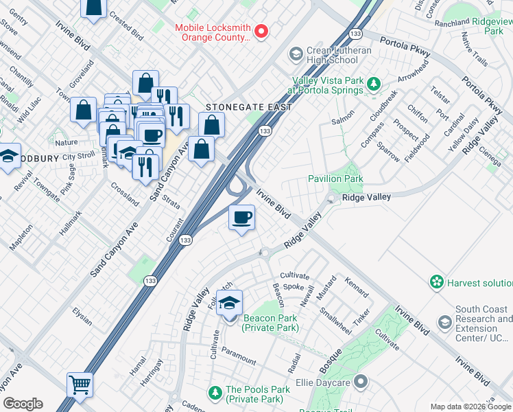 map of restaurants, bars, coffee shops, grocery stores, and more near 109 Mirth in Irvine
