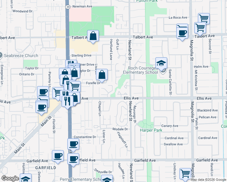 map of restaurants, bars, coffee shops, grocery stores, and more near 18446 Gina Lane in Huntington Beach