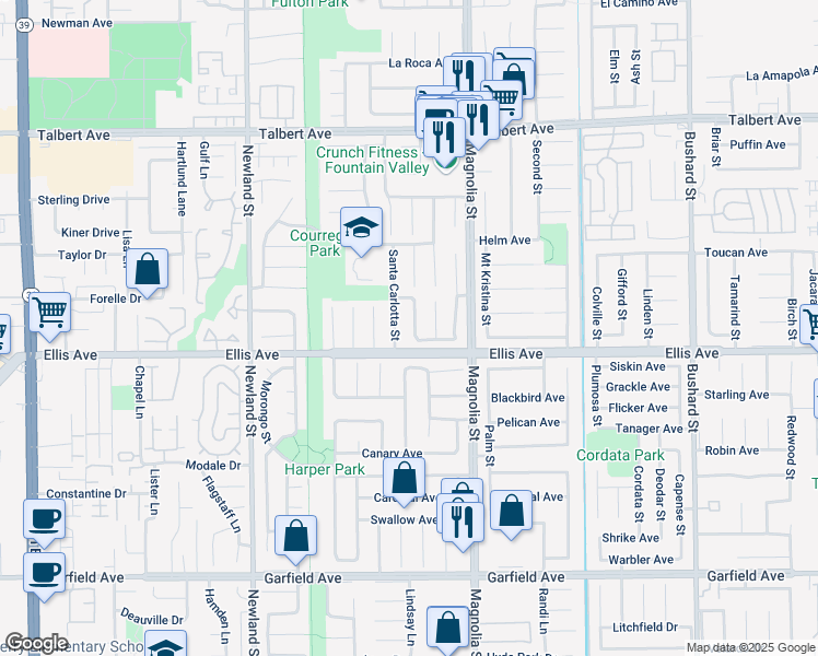 map of restaurants, bars, coffee shops, grocery stores, and more near 18456 Santa Eugenia Street in Fountain Valley