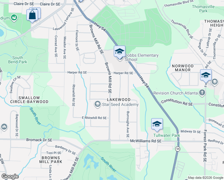 map of restaurants, bars, coffee shops, grocery stores, and more near 2176 Browns Mill Road Southeast in Atlanta