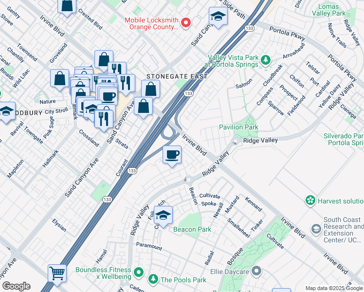 map of restaurants, bars, coffee shops, grocery stores, and more near 104 Fable in Irvine