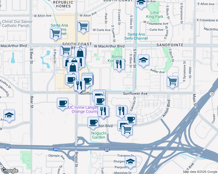 map of restaurants, bars, coffee shops, grocery stores, and more near in Santa Ana