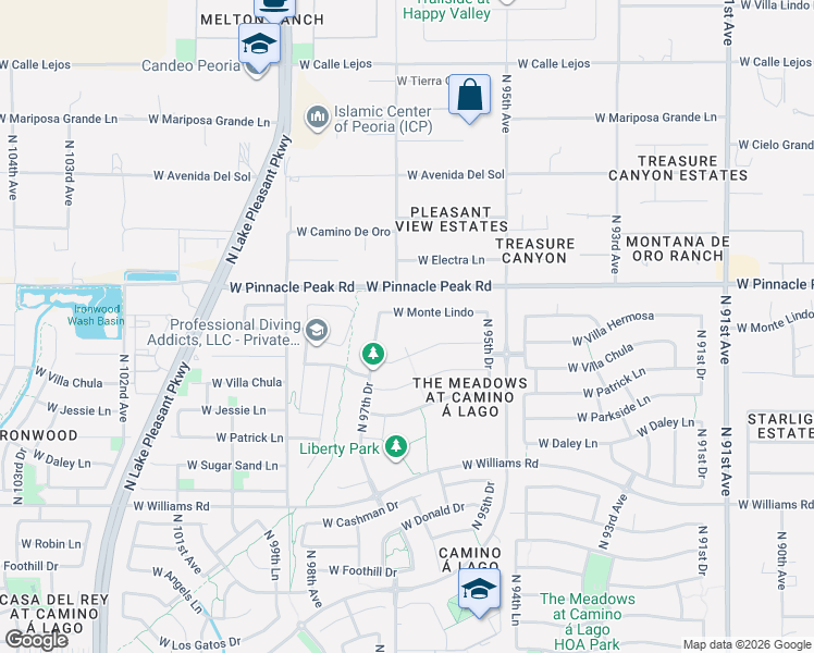 map of restaurants, bars, coffee shops, grocery stores, and more near 9662 West Villa Hermosa in Peoria