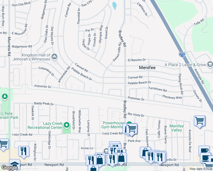 map of restaurants, bars, coffee shops, grocery stores, and more near 29825 Desert Hills Road in Menifee