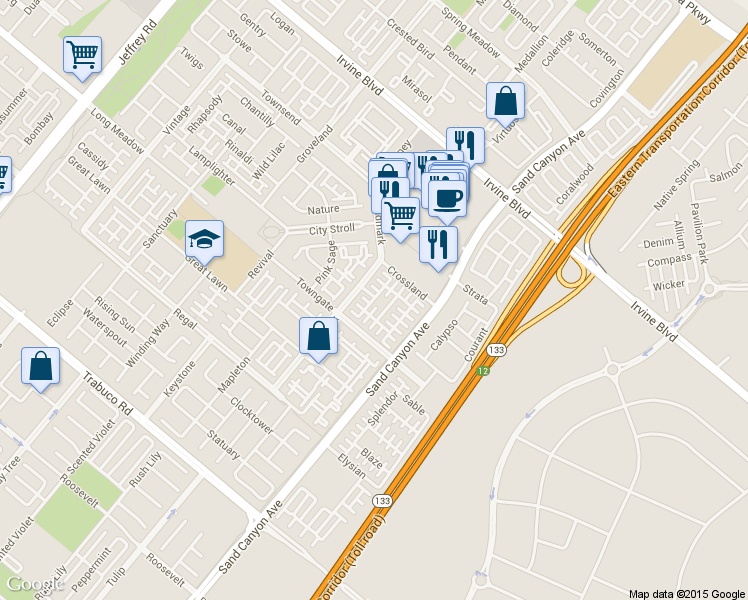 map of restaurants, bars, coffee shops, grocery stores, and more near 307 Cantor in Irvine