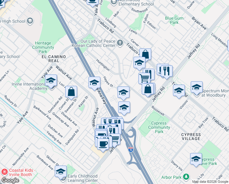 map of restaurants, bars, coffee shops, grocery stores, and more near 12100 Yale Court in Irvine