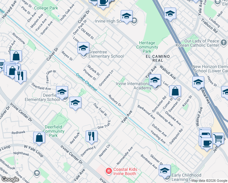map of restaurants, bars, coffee shops, grocery stores, and more near 14931 Gainford Circle in Irvine