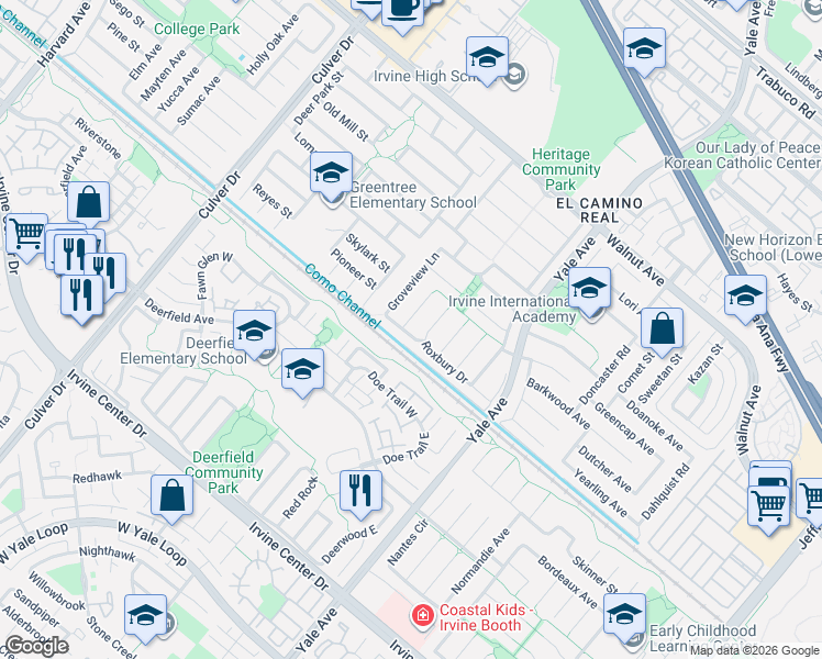 map of restaurants, bars, coffee shops, grocery stores, and more near 4532 Roxbury Drive in Irvine