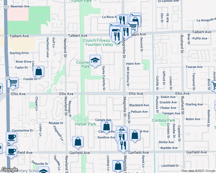 map of restaurants, bars, coffee shops, grocery stores, and more near 18456 Santa Eugenia Street in Fountain Valley