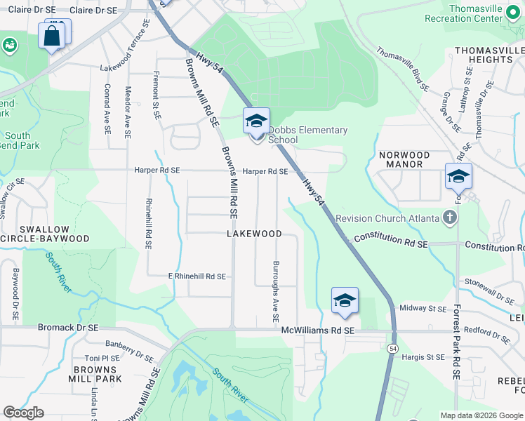 map of restaurants, bars, coffee shops, grocery stores, and more near 2184 Jernigan Drive Southeast in Atlanta