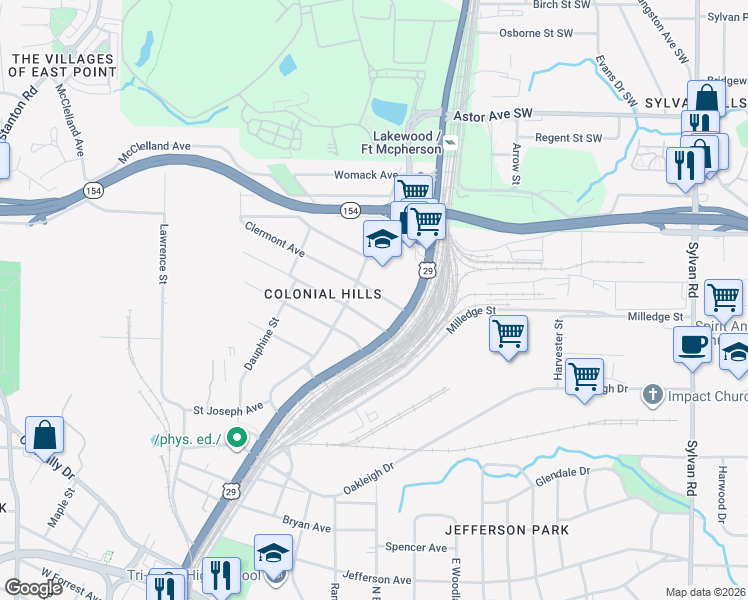 map of restaurants, bars, coffee shops, grocery stores, and more near 1318 Clermont Avenue in East Point