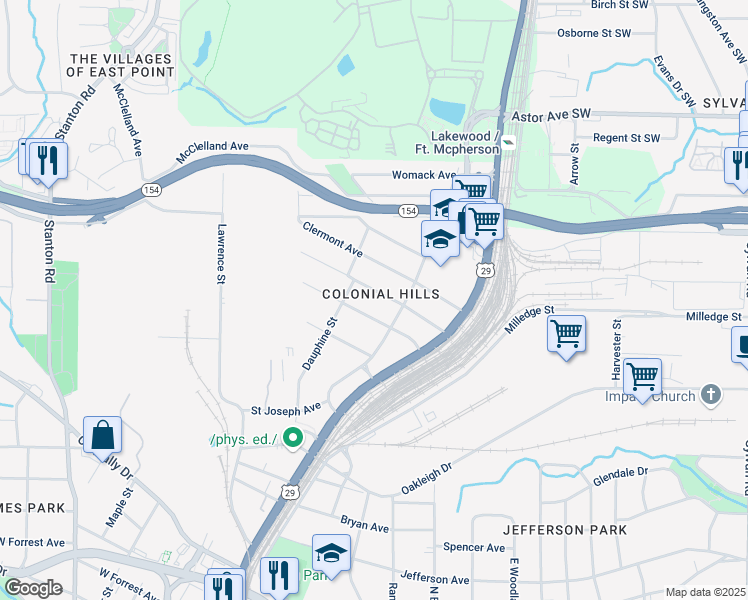 map of restaurants, bars, coffee shops, grocery stores, and more near 1396 Elizabeth Lane in Atlanta